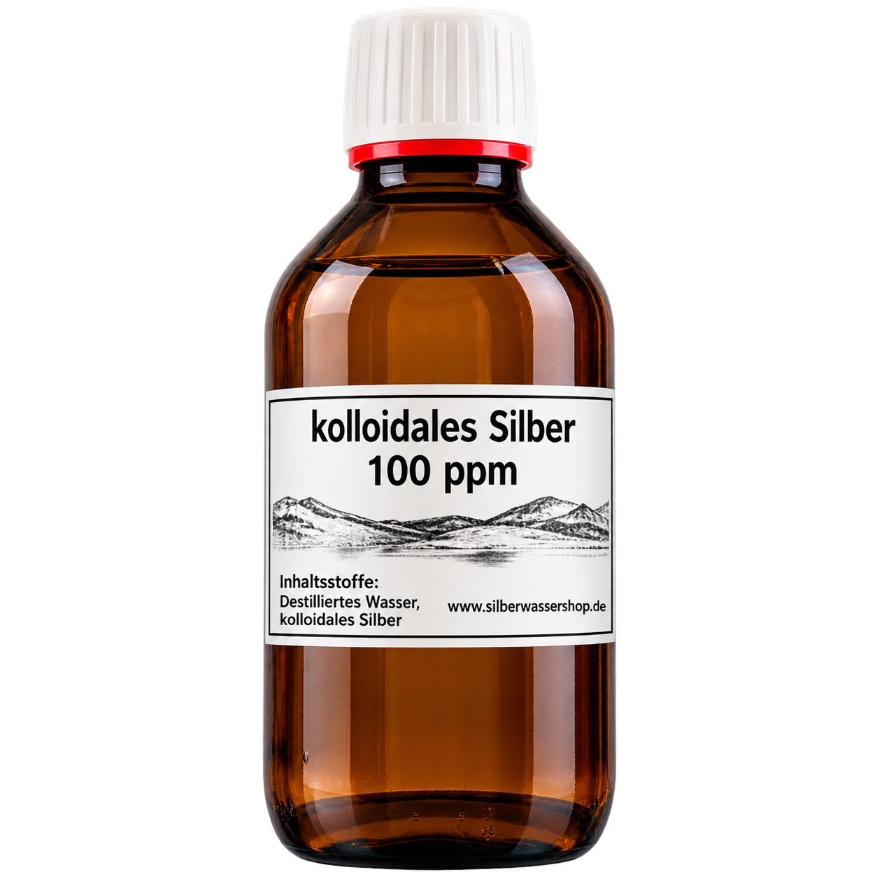Amberflasche mit Silber-Etikett Kolloidales Silber kaufen – braune Glasflasche mit 100 ppm Silber